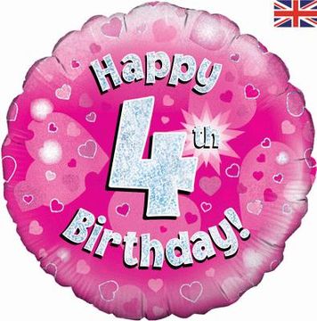 Oaktree 18inch Happy 4th Birthday Pink Holographic - Foil Balloons